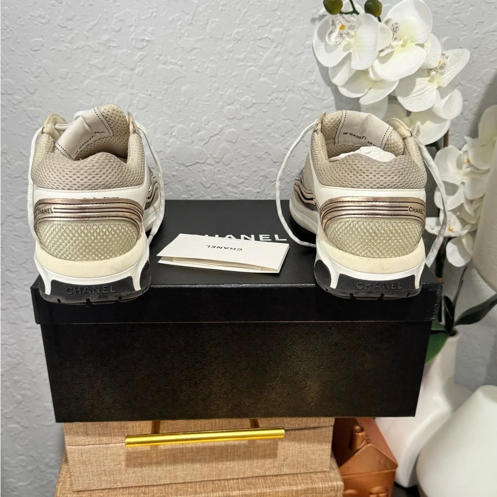 CHANEL Cream White Beige Mesh Logo Sneakers